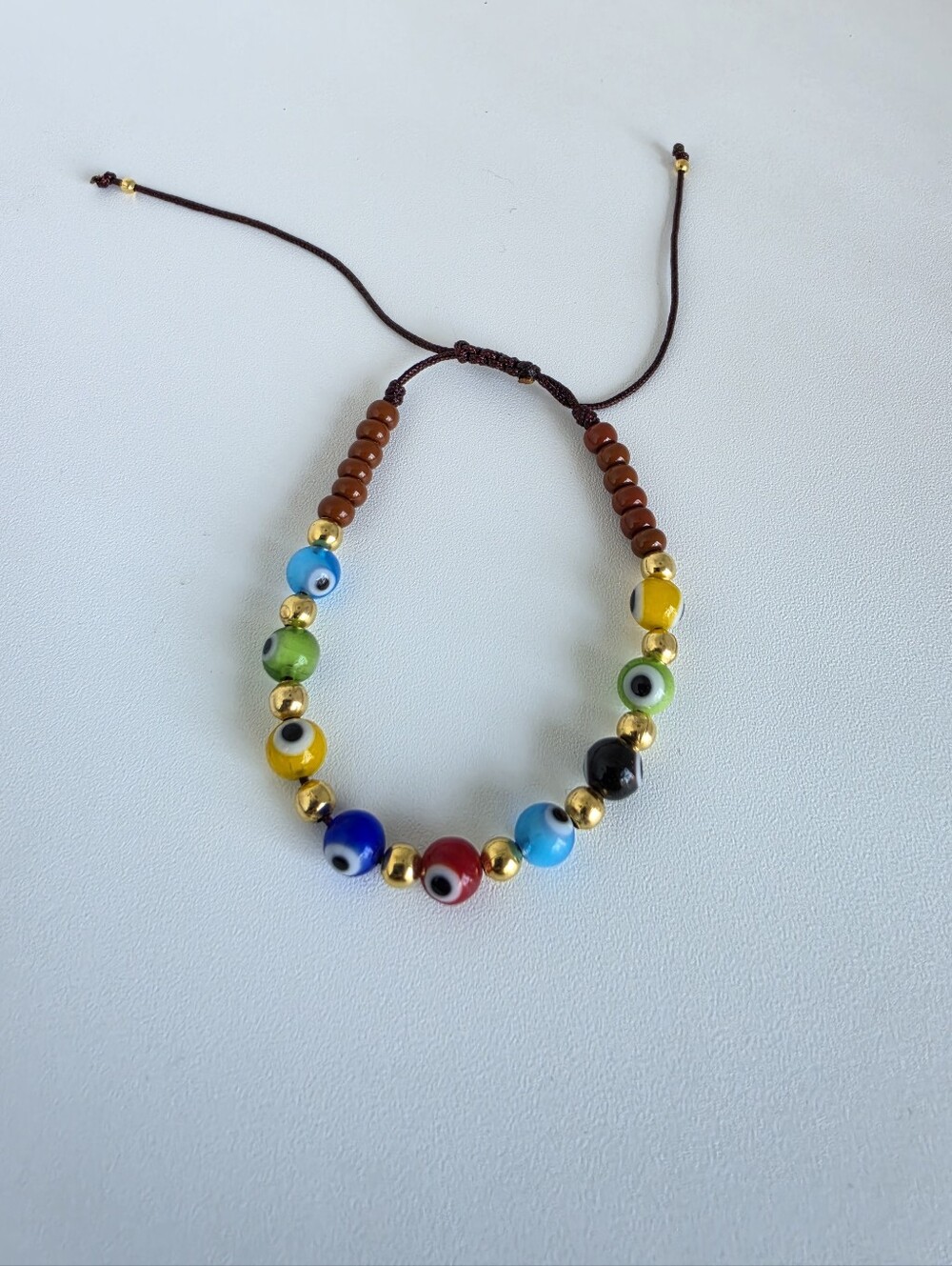 Handmade Adjustable Evil Eye Bracelet Colorful Glass Beaded Gold Tone Protection